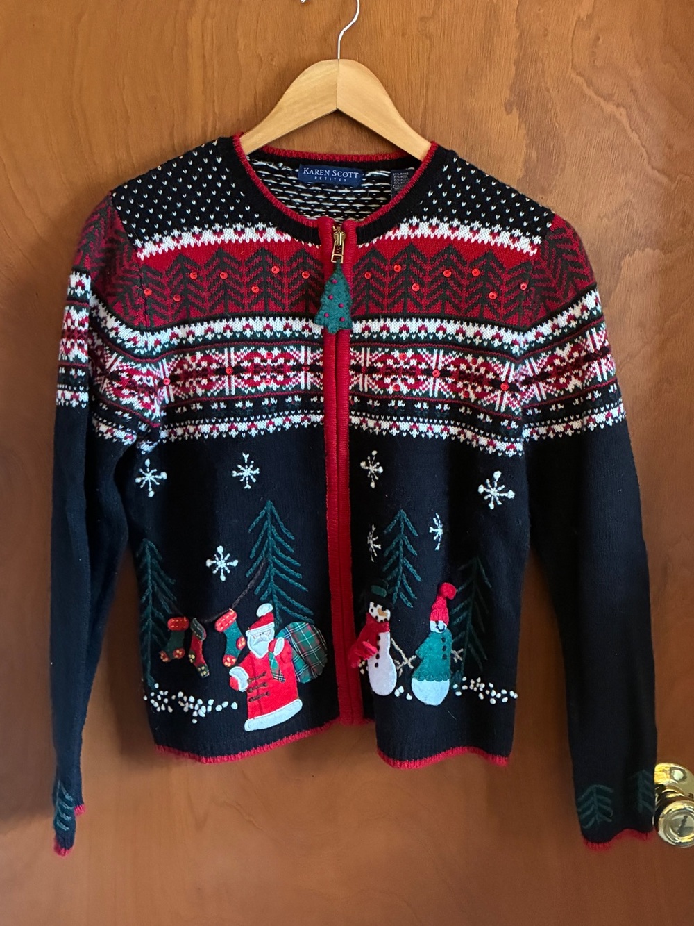 Karen Scott Black Holiday Zip Cardigan with Red and Green Accents
